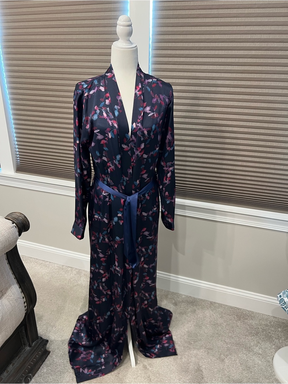 Naked Princess Silk Floral Long Robe w/ Tie - Navy & Pink & Burgundy M/L
